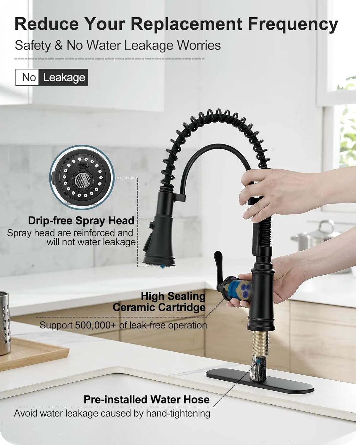 3-Function Kitchen Faucets with Pull Down Sprayer, 1 Hole or 3 Hole Kitchen Faucet Black, 1 Handle Kitchen Sink Faucets, 360 Degree Swivel Stainless Steel Faucet for Kitchen Sink with Deck Plate