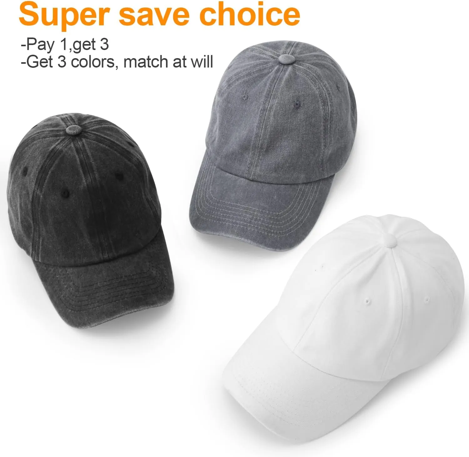 3 Pack Washed Plain Baseball Cap, Retro Adjustable Dad Hats Gift for Men/Women,Unstructured/Cotton