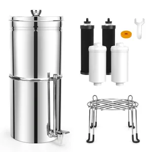 3.0 Gallon Gravity Water Filtration System - Cobectal 304 Stainless Steel Gravity Water Purifier - 8-Stage Countertop System with 4 Filters and Stand, Reduce 99.9% Chlorine