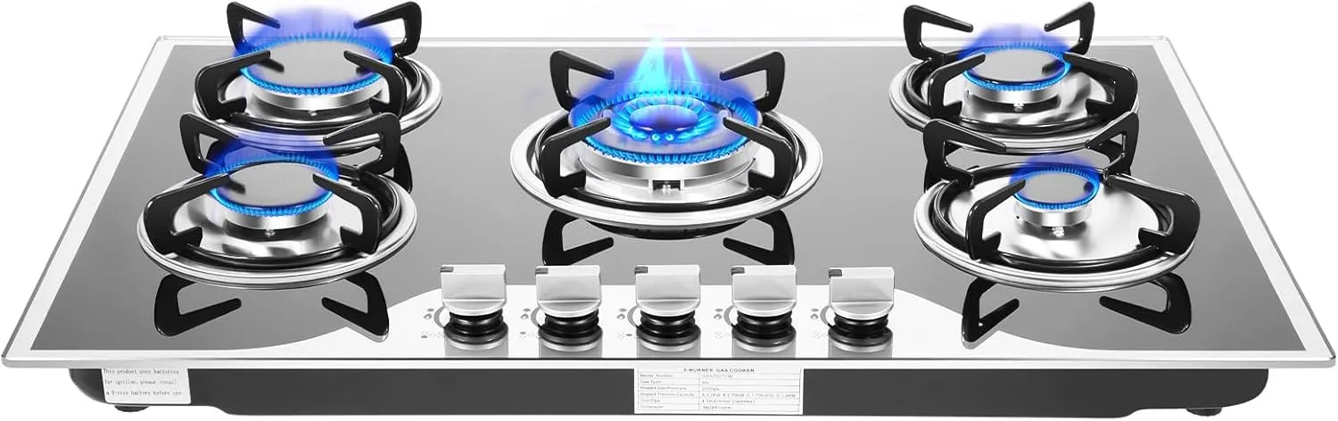 30 Inch Gas Cooktop, 5 Burners Built-In Stove Top Stainless, LPG/NG Convertible Stove Dual Fuel Sealed Gas Hob Tempered Glass Kitchen Gas Cooker Stove,Built-In Gas Stove Top Of Stainless Steel