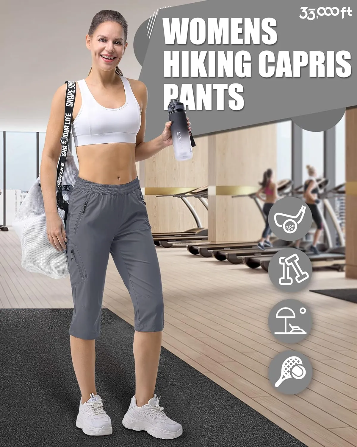 33,000ft Women's Capri Golf Pants Casual Quick Dry UPF 50  Lightweight Stretch Cargo Hiking Pants with Pockets