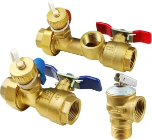 3/4 Inch IPS Isolator Tankless Water Heater Service Valve Kit with Pressure Relief Valve, Clean Brass, 3/4 Inch Service Installation Valve for rheem,rinai,ecosmart,navien,noritz,takagi,bosch