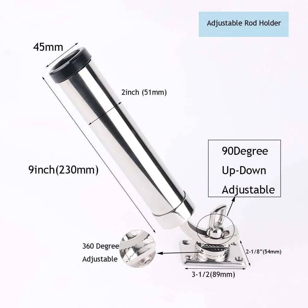 360° Adjustable Fishing Rod Holder Boat Stainless Steel Rod Holder Deck Mount Rectangular Base for Marine Yacht Boat Camper RV (Set of 2)