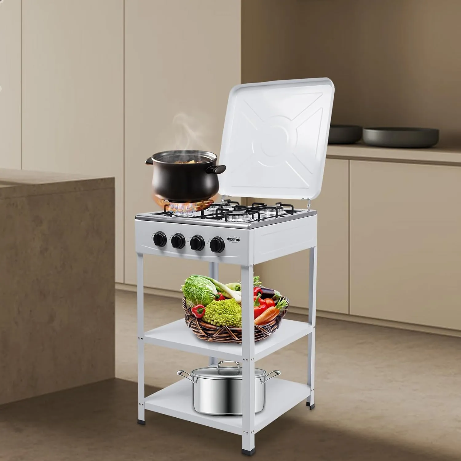 4 Burners Gas Stove,2.5KW Natural Gas Stove with Support Leg Stand and Wind Blocking Cover,19 * 20 * 33" Free Standing Gas Cooktop for RV Travel,Camping Restaurant. (White)