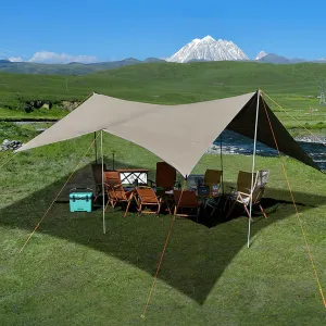 4.9x4.7m Hammock Tarp Rain Fly Ultra Light Outdoor Waterproof Multi-Purpose Camping Tent Tarp with 4 Poles Backpacking Tarp Shelter for Outdoor Adventure Hiking,Khaki