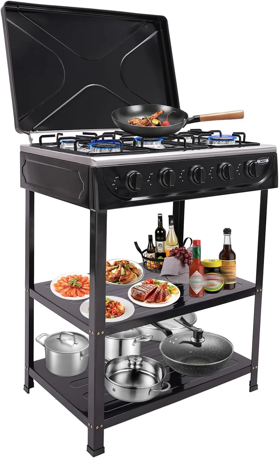 5 Burners Gas Stove, Gamping Stove for Cooking Outdoor, Powerful Stand Cooker with Support Leg Stand & Wind Blocking Cover Adapter, Manual Ignition Stove for BBQ, Outdoor Cooking (Black)