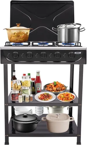 5 Burners Gas Stove, Gamping Stove for Cooking Outdoor, Powerful Stand Cooker with Support Leg Stand & Wind Blocking Cover Adapter, Manual Ignition Stove for BBQ, Outdoor Cooking (Black)