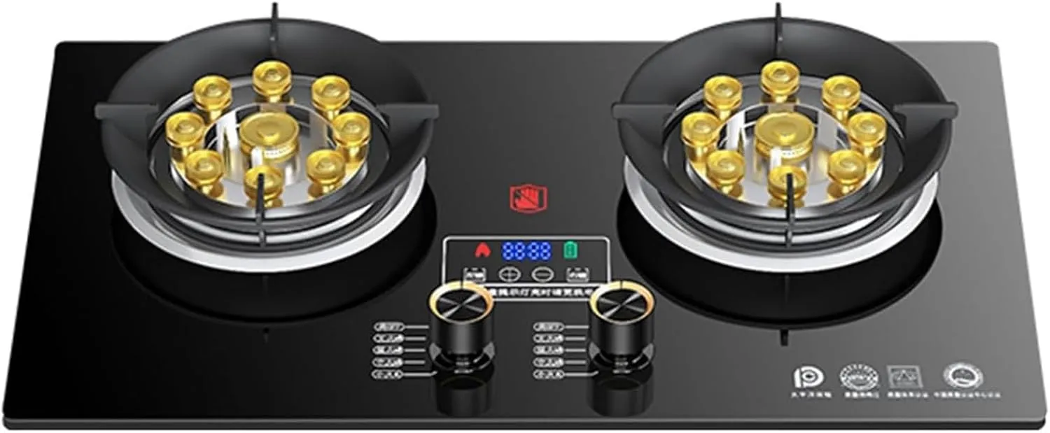 5.2KW Gas Stove 2 Burners, 9 Cavity High Fire Stove, Black Tempered Glass Cast Iron Pot Holder, Adjustable Flame Size Kitchen Gas Cooker, for Home Kitchen Camping(LPG)