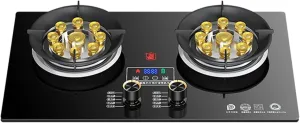 5.2KW Gas Stove 2 Burners, 9 Cavity High Fire Stove, Black Tempered Glass Cast Iron Pot Holder, Adjustable Flame Size Kitchen Gas Cooker, for Home Kitchen Camping(LPG)