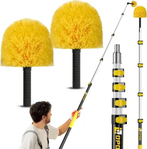 5.6-24 Feet Telescopic Pole with Cobweb Duster, 32 Ft Reach Extension Pole with 2 Washable Cleaning Spider Web Brush Kit Duster Heads and Universal Joint Angle Adaptor for Outdoor & Indoor Cleaning