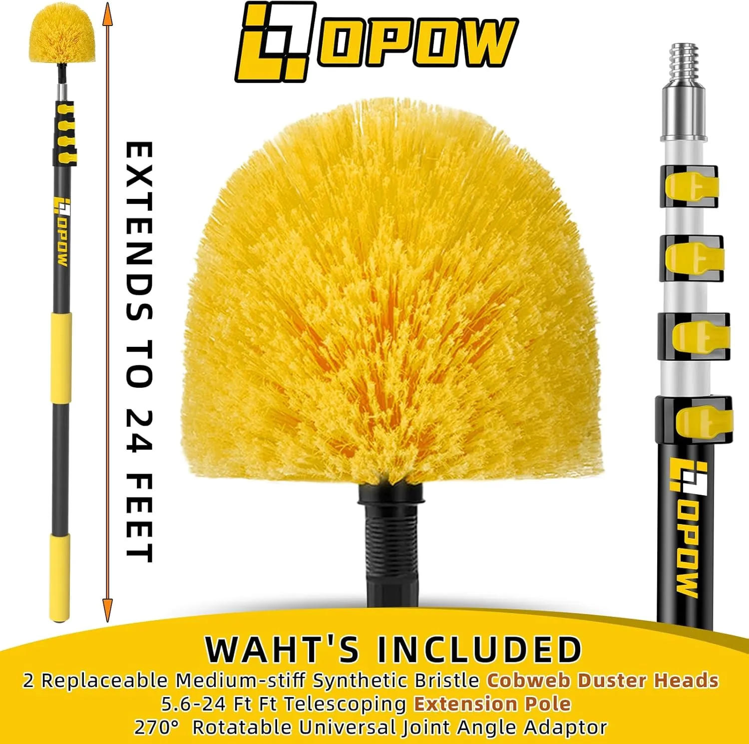 5.6-24 Feet Telescopic Pole with Cobweb Duster, 32 Ft Reach Extension Pole with 2 Washable Cleaning Spider Web Brush Kit Duster Heads and Universal Joint Angle Adaptor for Outdoor & Indoor Cleaning