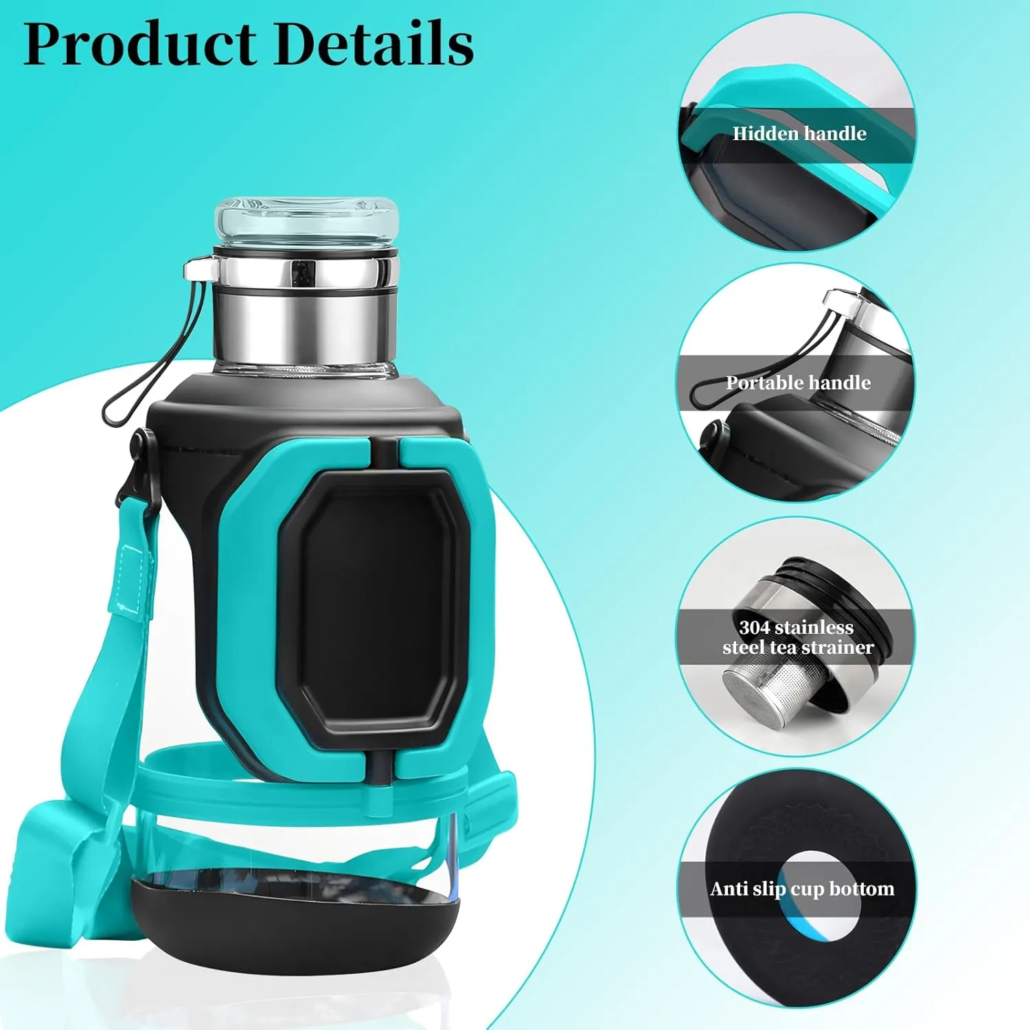56OZ Folding Handle Glass Water Bottle,Tea Separation Glass Mug Premium Feeling,1600ML Large Capacity Portable Water Bottle,Outdoor Borosilicate Mug,Gift for Father's Day,New Year,Birthday (Blue)