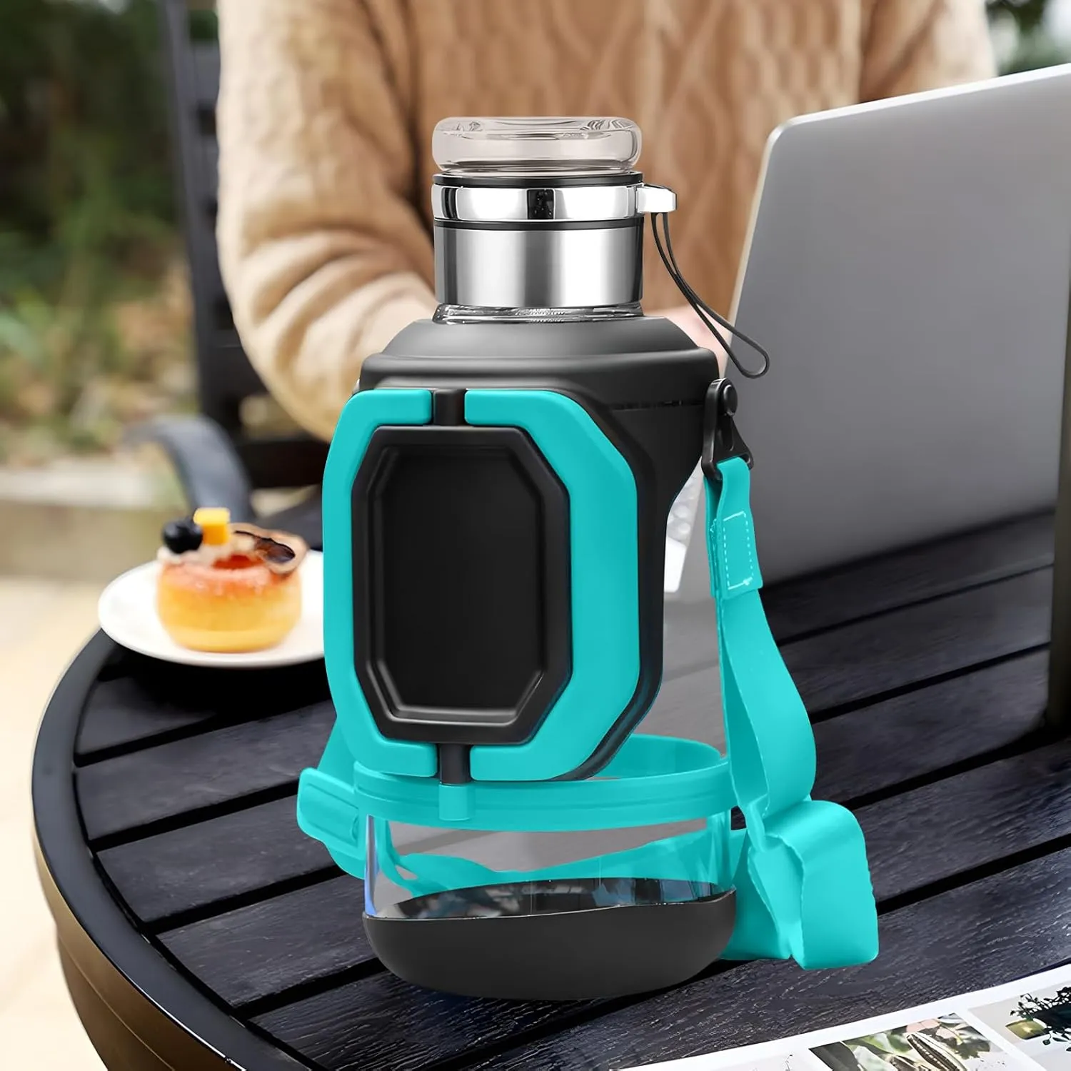 56OZ Folding Handle Glass Water Bottle,Tea Separation Glass Mug Premium Feeling,1600ML Large Capacity Portable Water Bottle,Outdoor Borosilicate Mug,Gift for Father's Day,New Year,Birthday (Blue)