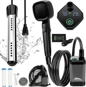 6000mAh Portable Shower for Camping with 2000W Immersion Water Heater – Rechargeable Camp Shower Pump, 4-Mode Filtered Head, LED Display, Outdoor Camping Shower Kit for Travel, Pets & Car Washing