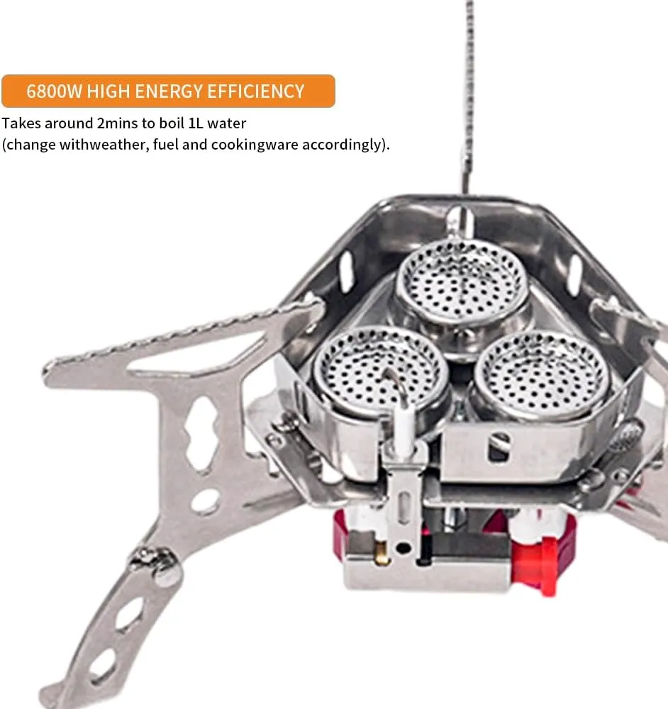 6800W Windproof Camp Stove, equipped with a fuel canister adapter, piezo ignition, and carry case, suitable for outdoor backpacking, hiking, and picnics (Stove)