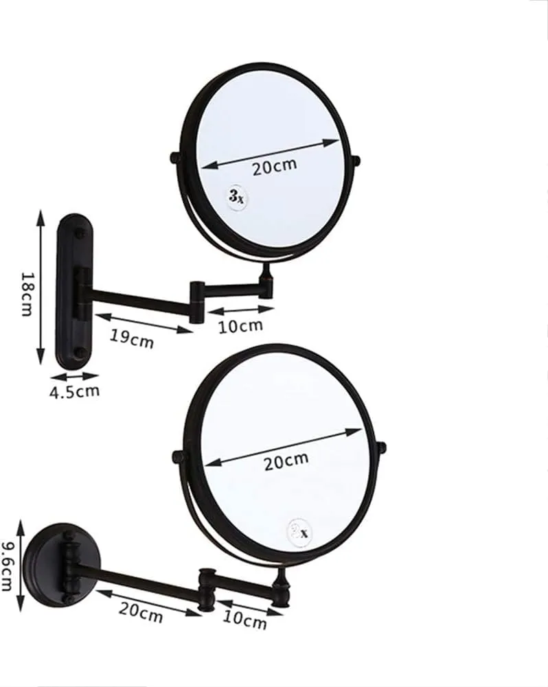 8 Inch Double-Sided Swivel Wall Mount Makeup Mirror, 360°Swivel Extension Round Two-Side Retractable Bathroom Vanity Mirror 3X Magnification with Bronze Finish,Blacksquarebottom(Blackroundbottom)