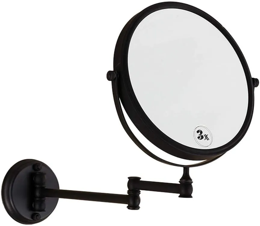 8 Inch Double-Sided Swivel Wall Mount Makeup Mirror, 360°Swivel Extension Round Two-Side Retractable Bathroom Vanity Mirror 3X Magnification with Bronze Finish,Blacksquarebottom(Blackroundbottom)