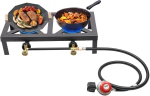 8000W Portable Double Burner Outdoor Gas Stove Propane Cooker with Adjustable 0-20Psi Regulator Hose for Patio Camping, BBQ,