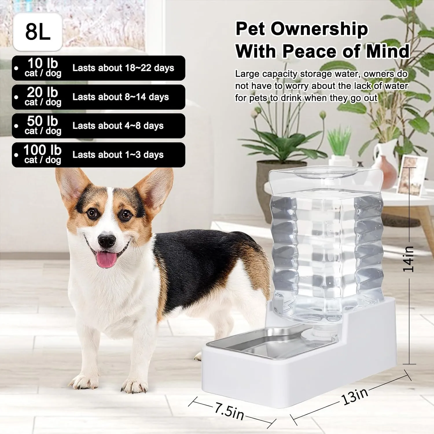 8L Automatic Large Capacity Dog and Cat Water Dispenser with Stainless Steel Bowl,100% BPA-Free,Gravity Waterer,Suitable for Medium and Large-Sized Cats and Dogs (White, 8L)