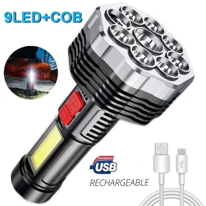 9 LED Flashlight Super Strong Torch with USB Rechargeable Handheld Lantern Waterproof Portable