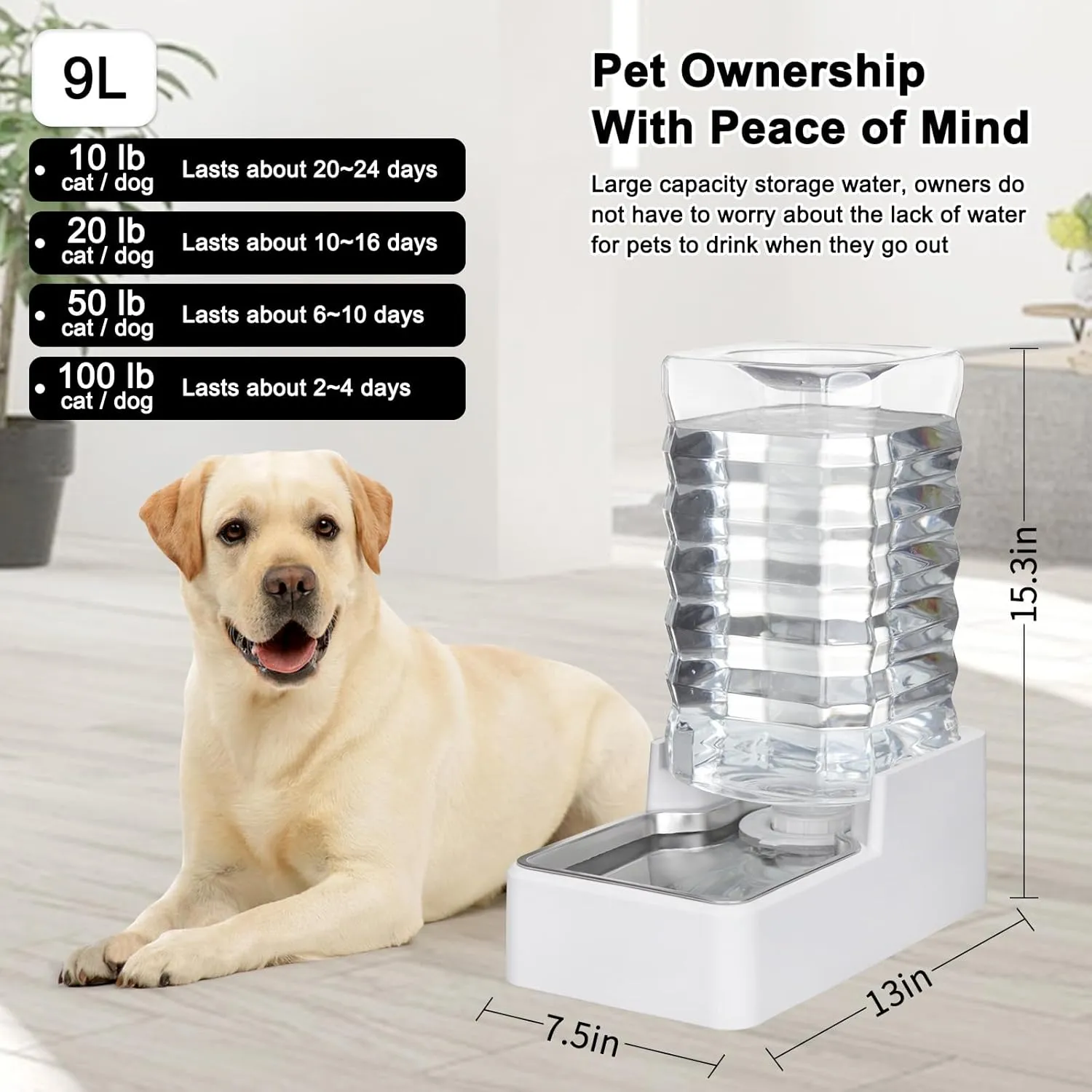 9L Upgraded Automatic Large Capacity Dog and Cat Water Dispenser with Stainless Steel Bowl,100% BPA-Free,Gravity Waterer,Suitable for Medium and Large-Sized Cats and Dogs (White, 9L )