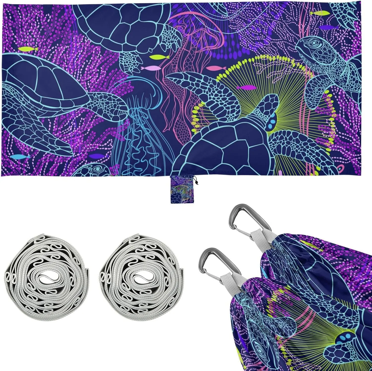 Abstract Turtles Blue Purple Camping Hammock Single Portable Hammocks 330 lbs Capacity with 2 Tree Straps and Attached Carry Bag,Perfect for Outdoor,Indoor,Beach,Camping,Travel
