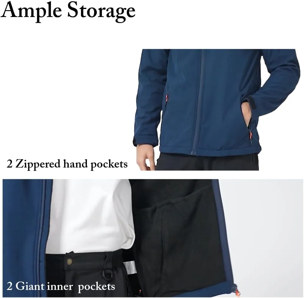 Acmelogy Men's Fleece Lined Softshell Jacket with Detachable Hood, Waterproof, Breathable, 8000mm/5000gm, YKK Zipper