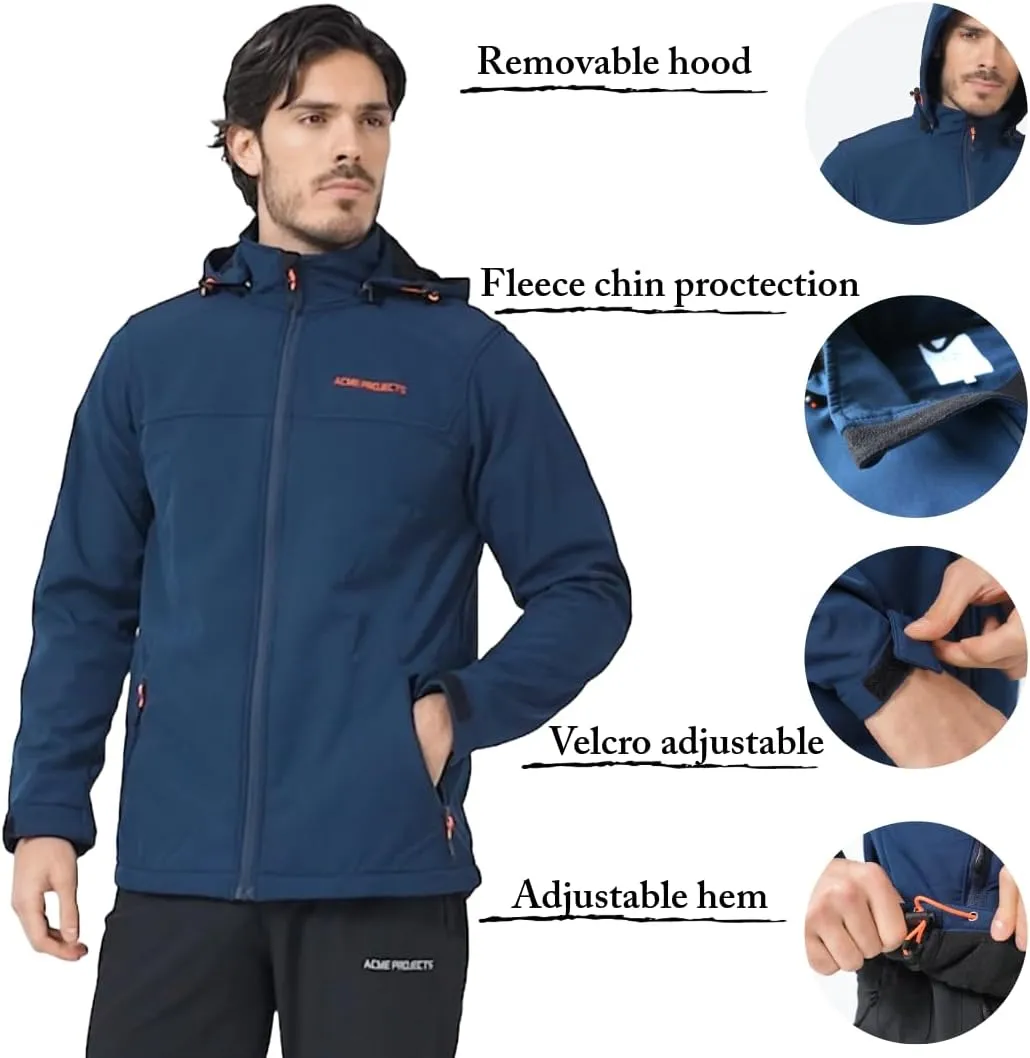 Acmelogy Men's Fleece Lined Softshell Jacket with Detachable Hood, Waterproof, Breathable, 8000mm/5000gm, YKK Zipper