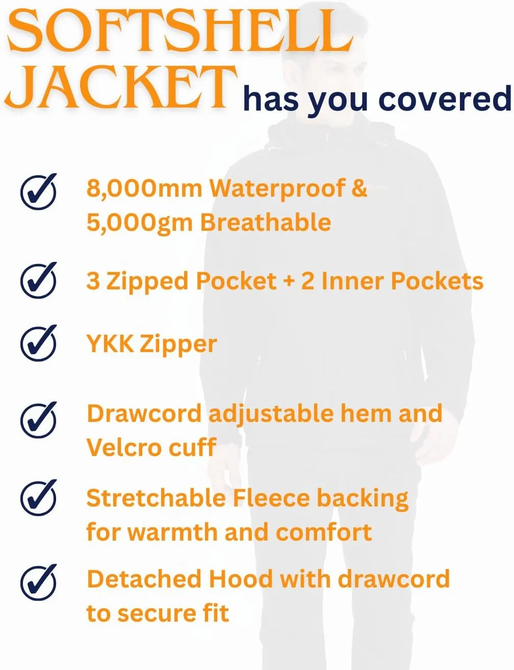 Acmelogy Men's Fleece Lined Softshell Jacket with Detachable Hood, Waterproof, Breathable, 8000mm/5000gm, YKK Zipper