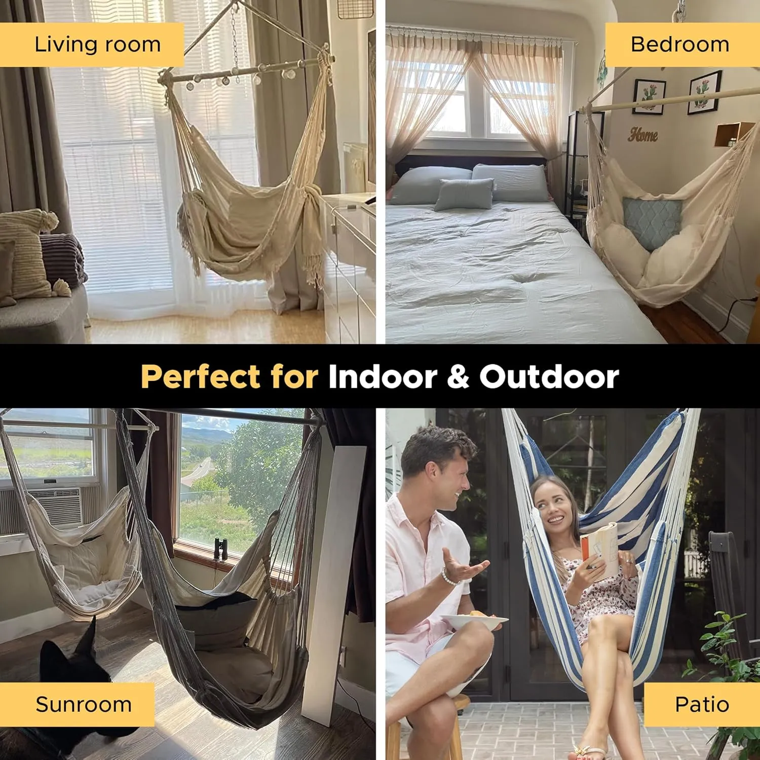 ADVOKAIR Hammock Chair Hanging Chair Rope Swing XXL - Max 500lbs, 70in Large Hammock Swing Chair -Portable Steel Spreader Bar with Anti-Slip Rings-Roomy & Strong