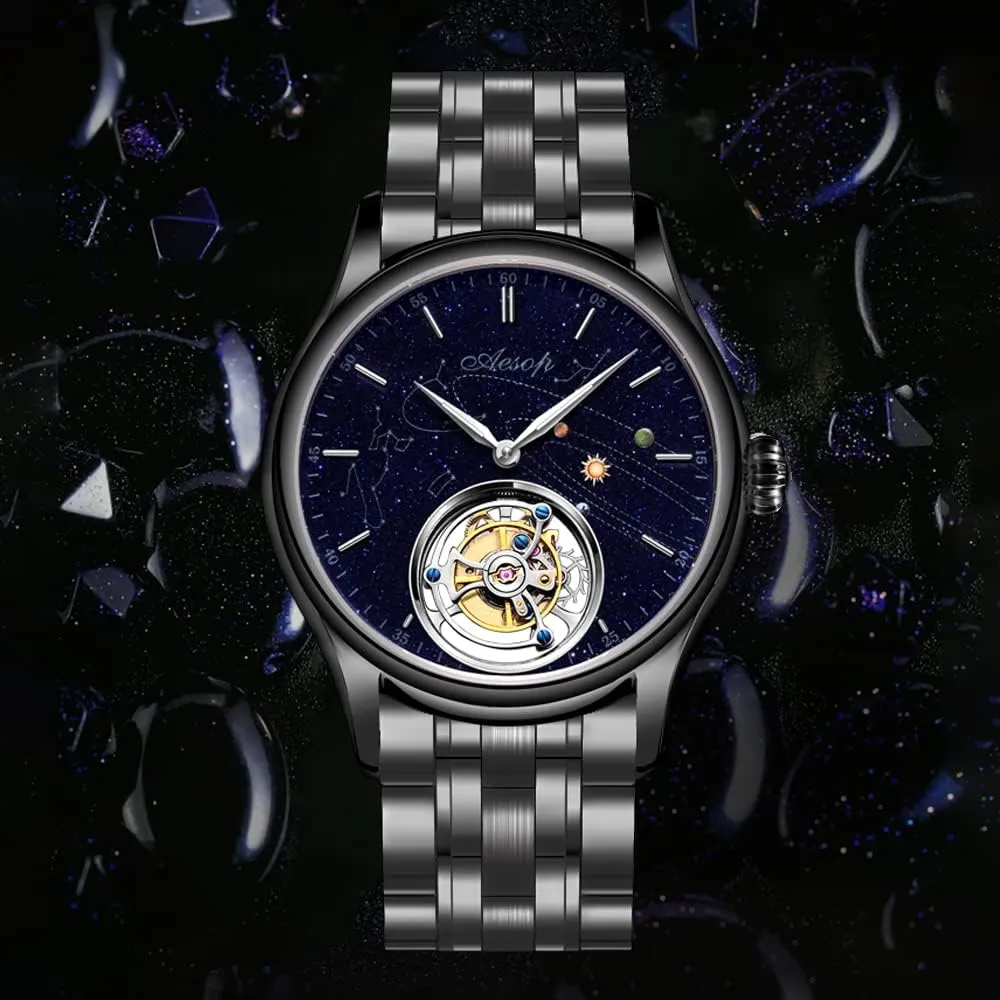 AESOP Tourbillon Watches for Men Mechanical Hand Wind Wristwatches Blue Sandstone Dial Stainless Steel Sapphire Crystal Waterproof Business Luxury Dress Watch 7025