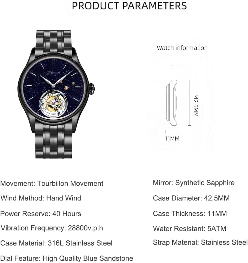 AESOP Tourbillon Watches for Men Mechanical Hand Wind Wristwatches Blue Sandstone Dial Stainless Steel Sapphire Crystal Waterproof Business Luxury Dress Watch 7025