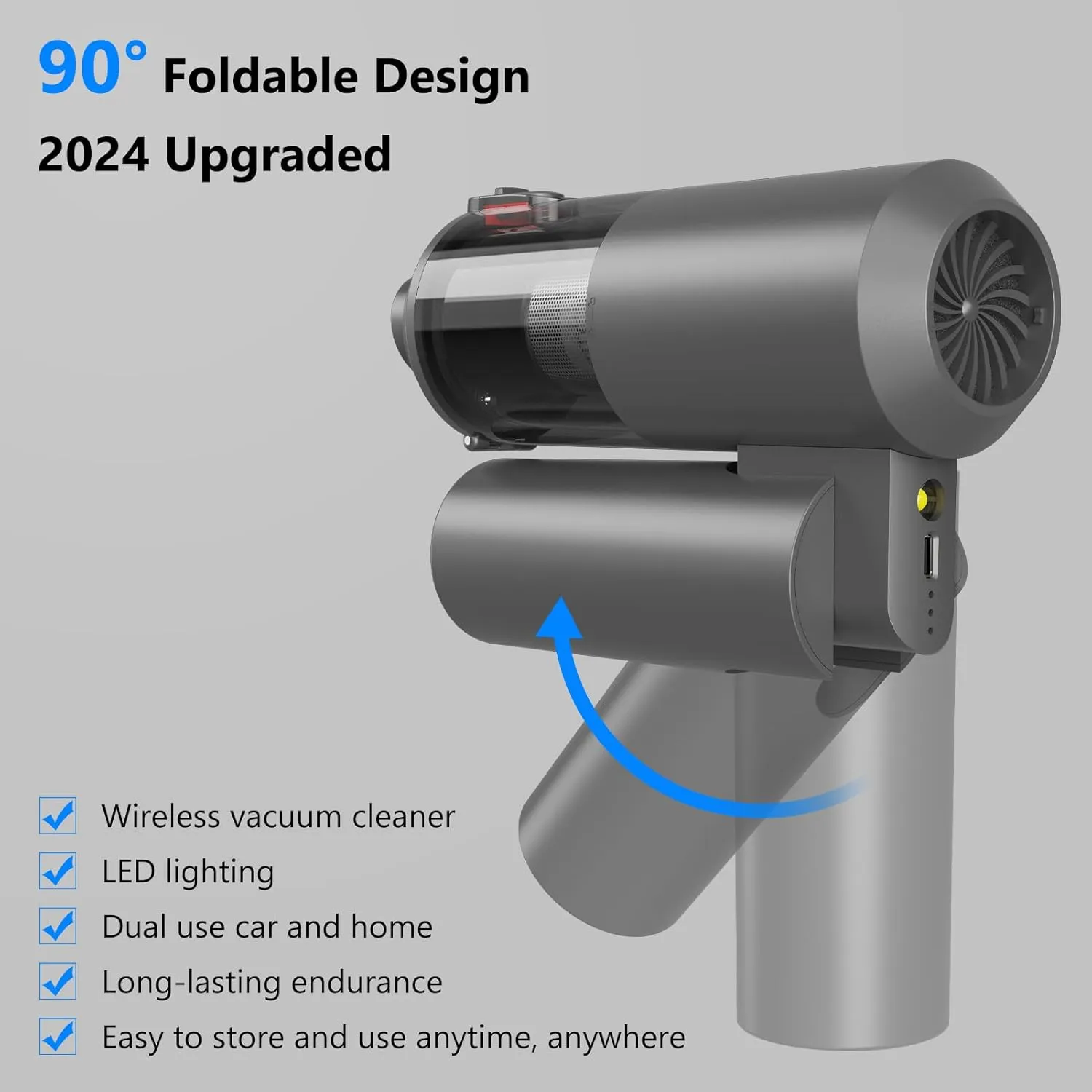 AirifyPro Vac V2 Portable Air Blower/Car Vacuum 16000PA High Power 90°Foldable 3in1 Handheld Vacuums Cleaner Brushless Motor Cordless Duster Grey