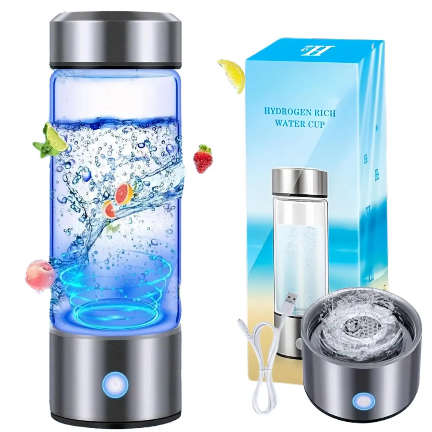 Alive Blue Hydrogen Water Bottle, Hydrogen Water Bottle Generator,SPE pem Filtration, Self Cleaning, Shatter Proof High Pressure Glass, Removes Chlorine & Ozone
