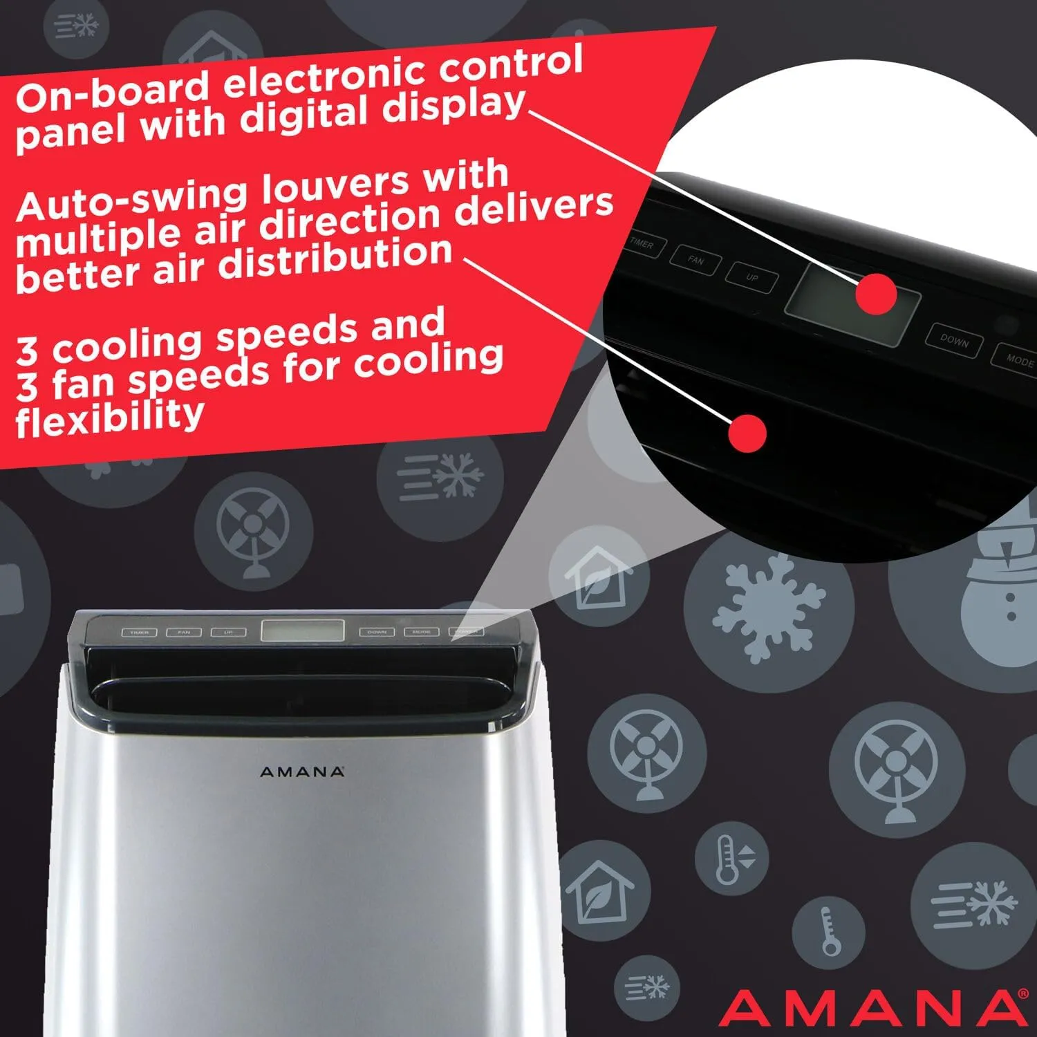 Amana 10,000 BTU Portable Air Conditioner and Dehumidifier for Bedroom, Home Office, and Family Room, 115V, AC for Rooms up to 350 Sq.Ft. with 24H Timer, 3-Speeds, and Auto-Restart, Silver and Gray