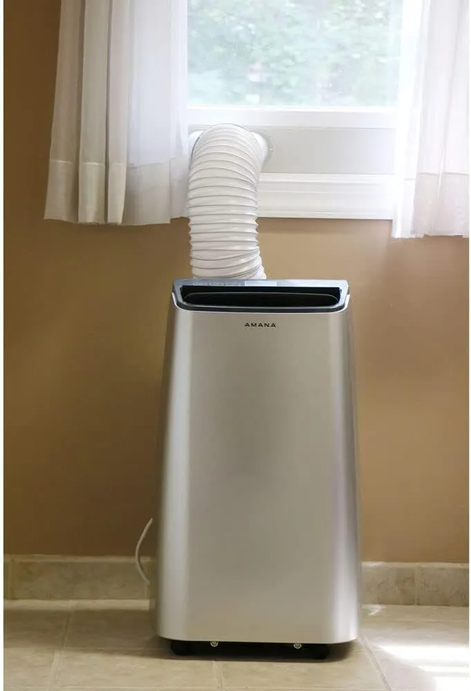 Amana 10,000 BTU Portable Air Conditioner and Dehumidifier for Bedroom, Home Office, and Family Room, 115V, AC for Rooms up to 350 Sq.Ft. with 24H Timer, 3-Speeds, and Auto-Restart, Silver and Gray