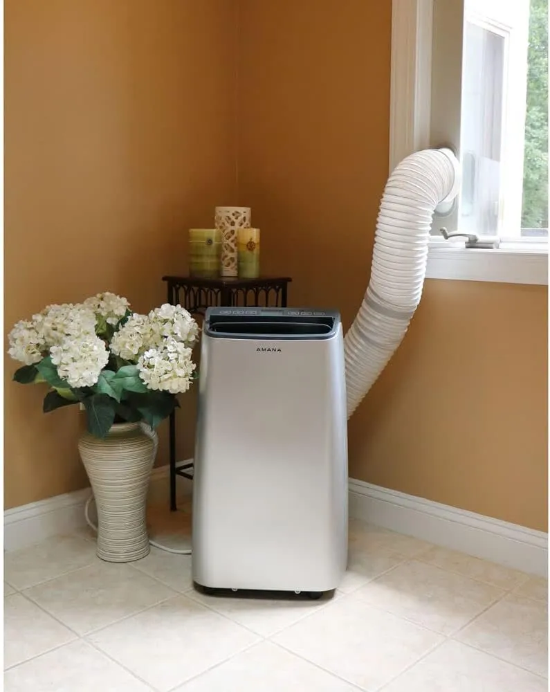 Amana 10,000 BTU Portable Air Conditioner and Dehumidifier for Bedroom, Home Office, and Family Room, 115V, AC for Rooms up to 350 Sq.Ft. with 24H Timer, 3-Speeds, and Auto-Restart, Silver and Gray