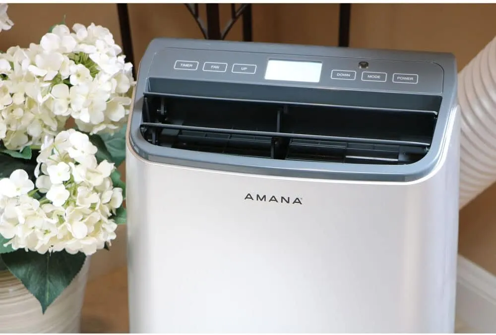 Amana 10,000 BTU Portable Air Conditioner and Dehumidifier for Bedroom, Home Office, and Family Room, 115V, AC for Rooms up to 350 Sq.Ft. with 24H Timer, 3-Speeds, and Auto-Restart, Silver and Gray