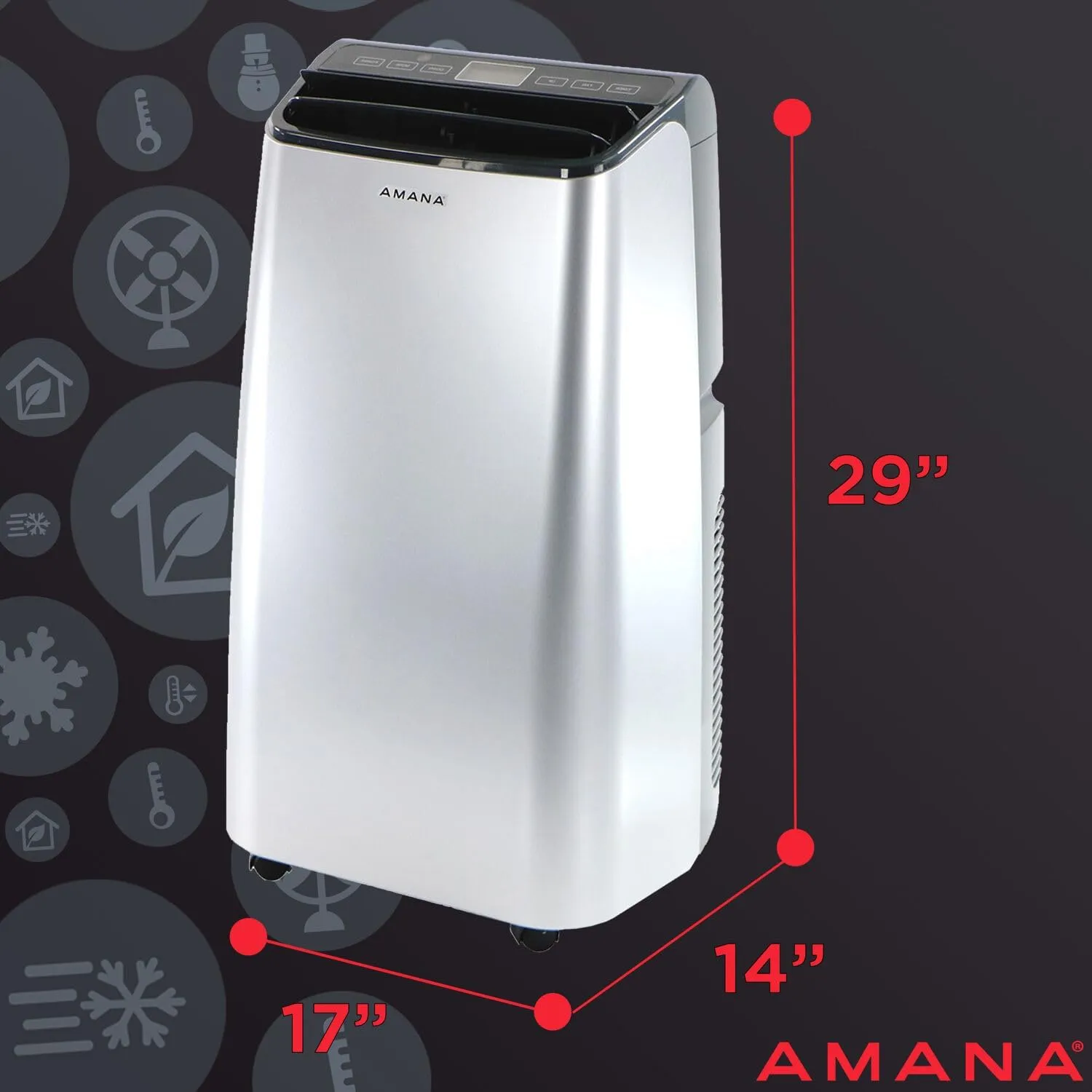 Amana 10,000 BTU Portable Air Conditioner and Dehumidifier for Bedroom, Home Office, and Family Room, 115V, AC for Rooms up to 350 Sq.Ft. with 24H Timer, 3-Speeds, and Auto-Restart, Silver and Gray