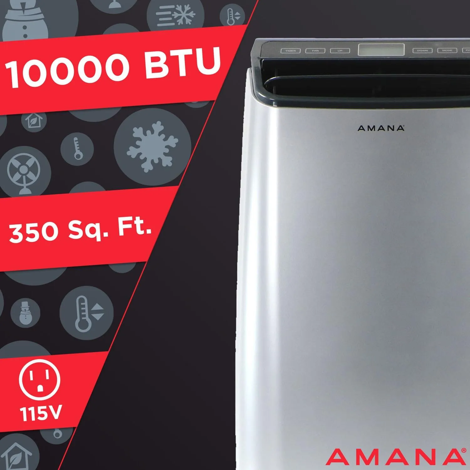 Amana 10,000 BTU Portable Air Conditioner and Dehumidifier for Bedroom, Home Office, and Family Room, 115V, AC for Rooms up to 350 Sq.Ft. with 24H Timer, 3-Speeds, and Auto-Restart, Silver and Gray
