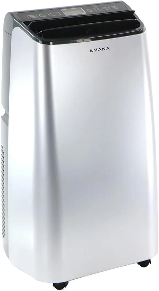 Amana 10,000 BTU Portable Air Conditioner and Dehumidifier for Bedroom, Home Office, and Family Room, 115V, AC for Rooms up to 350 Sq.Ft. with 24H Timer, 3-Speeds, and Auto-Restart, Silver and Gray