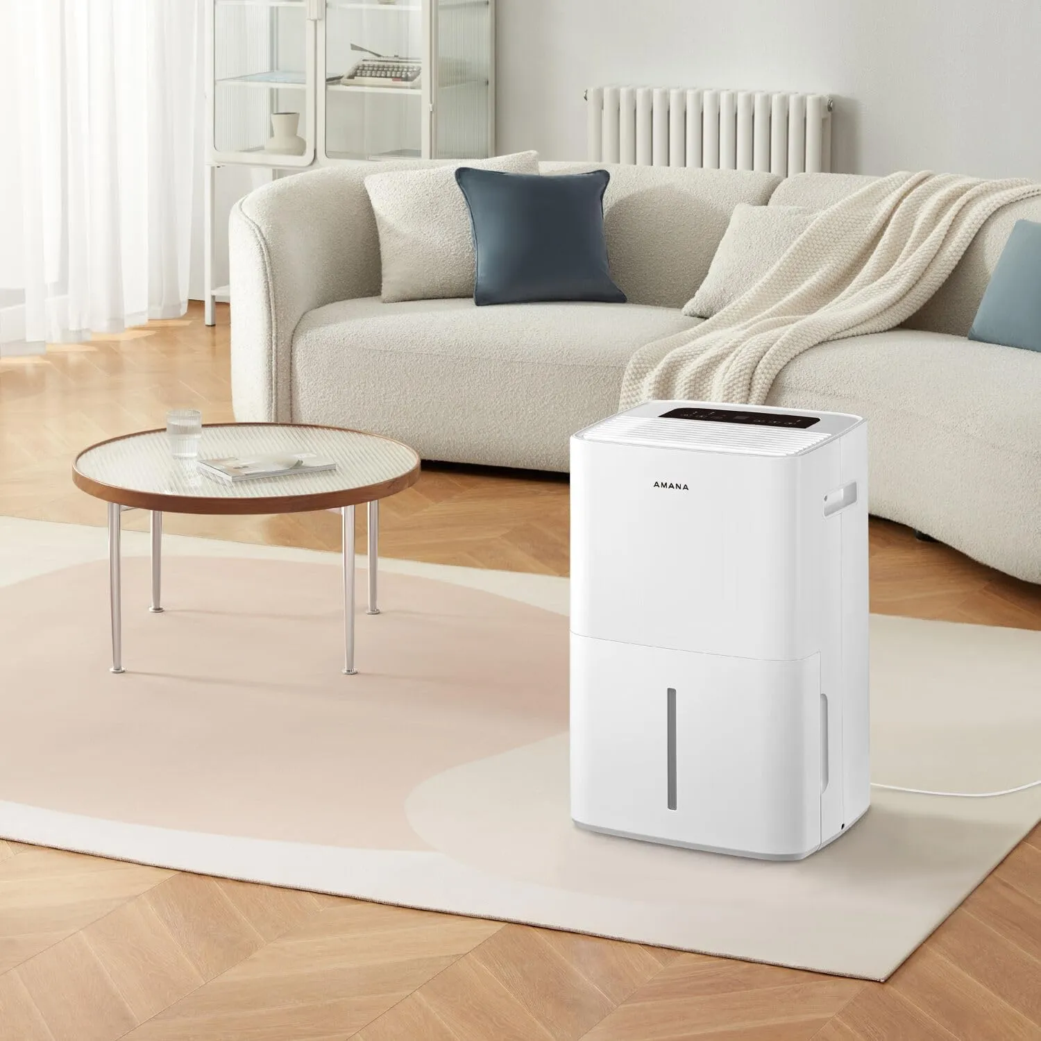 Amana 50-Pint Portable Dehumidifier with Pump for Basement, Garage, Living Room, Attic, 115V, with Auto-Shutoff and Timer, Energy Star, White