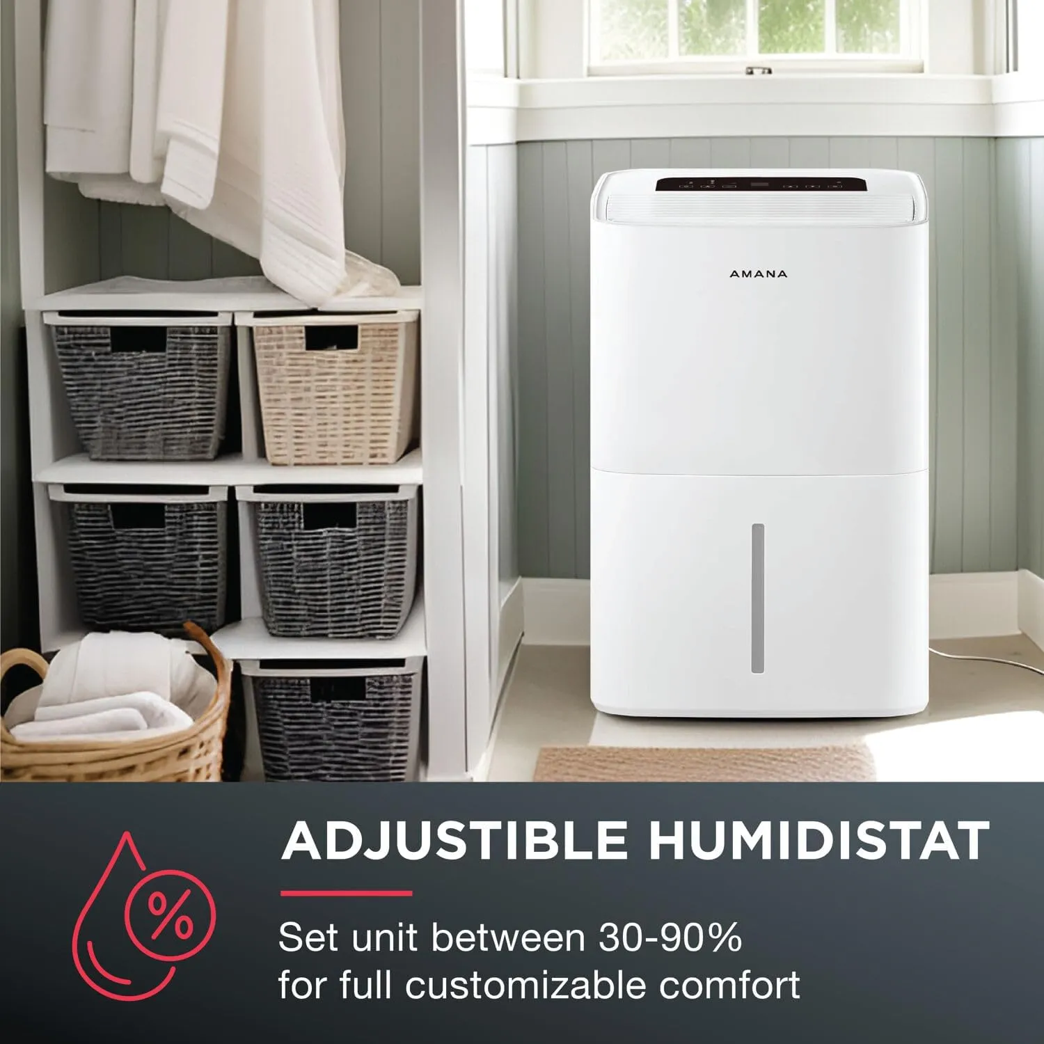 Amana 50-Pint Portable Dehumidifier with Pump for Basement, Garage, Living Room, Attic, 115V, with Auto-Shutoff and Timer, Energy Star, White
