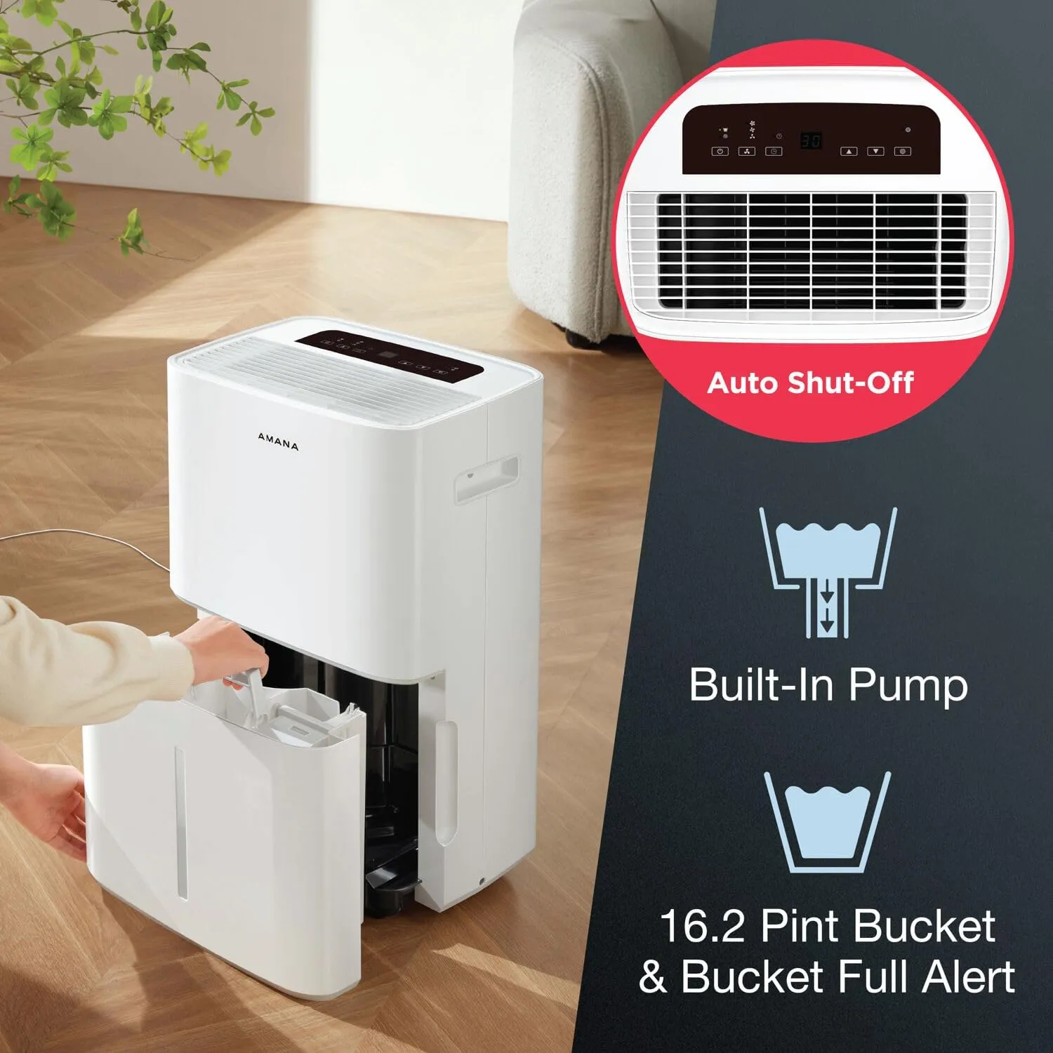 Amana 50-Pint Portable Dehumidifier with Pump for Basement, Garage, Living Room, Attic, 115V, with Auto-Shutoff and Timer, Energy Star, White