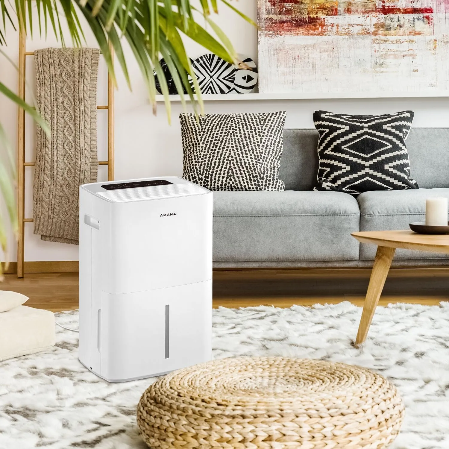 Amana 50-Pint Portable Dehumidifier with Pump for Basement, Garage, Living Room, Attic, 115V, with Auto-Shutoff and Timer, Energy Star, White