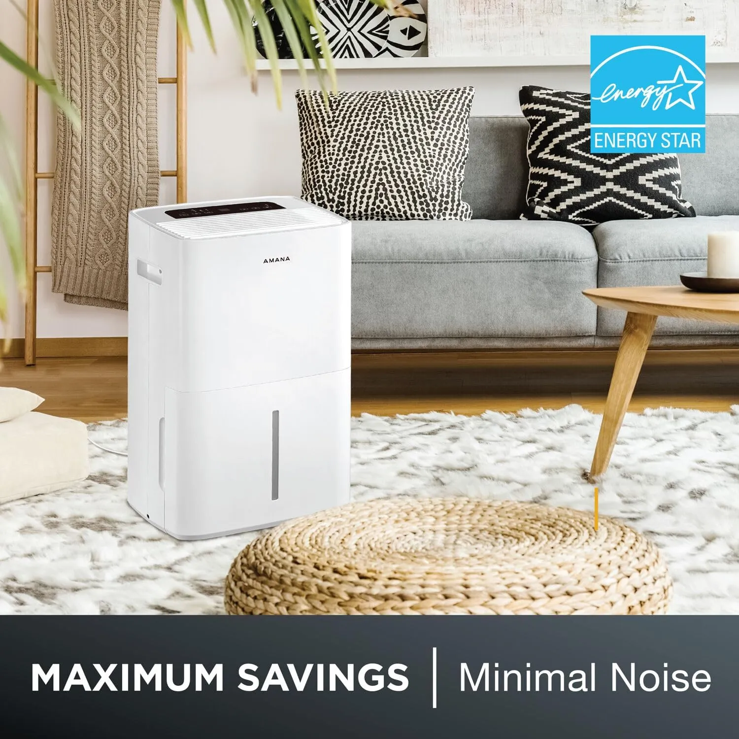 Amana 50-Pint Portable Dehumidifier with Pump for Basement, Garage, Living Room, Attic, 115V, with Auto-Shutoff and Timer, Energy Star, White