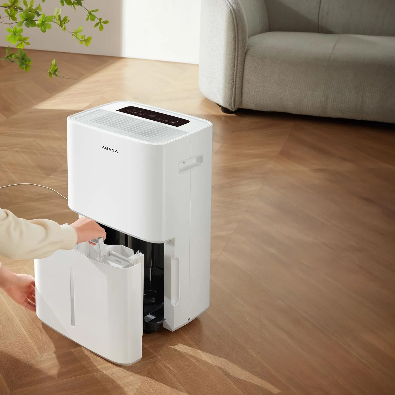 Amana 50-Pint Portable Dehumidifier with Pump for Basement, Garage, Living Room, Attic, 115V, with Auto-Shutoff and Timer, Energy Star, White