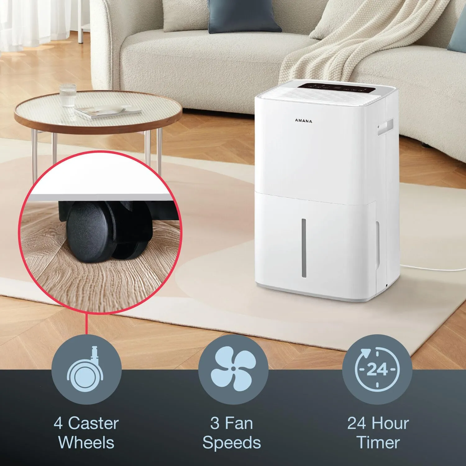 Amana 50-Pint Portable Dehumidifier with Pump for Basement, Garage, Living Room, Attic, 115V, with Auto-Shutoff and Timer, Energy Star, White