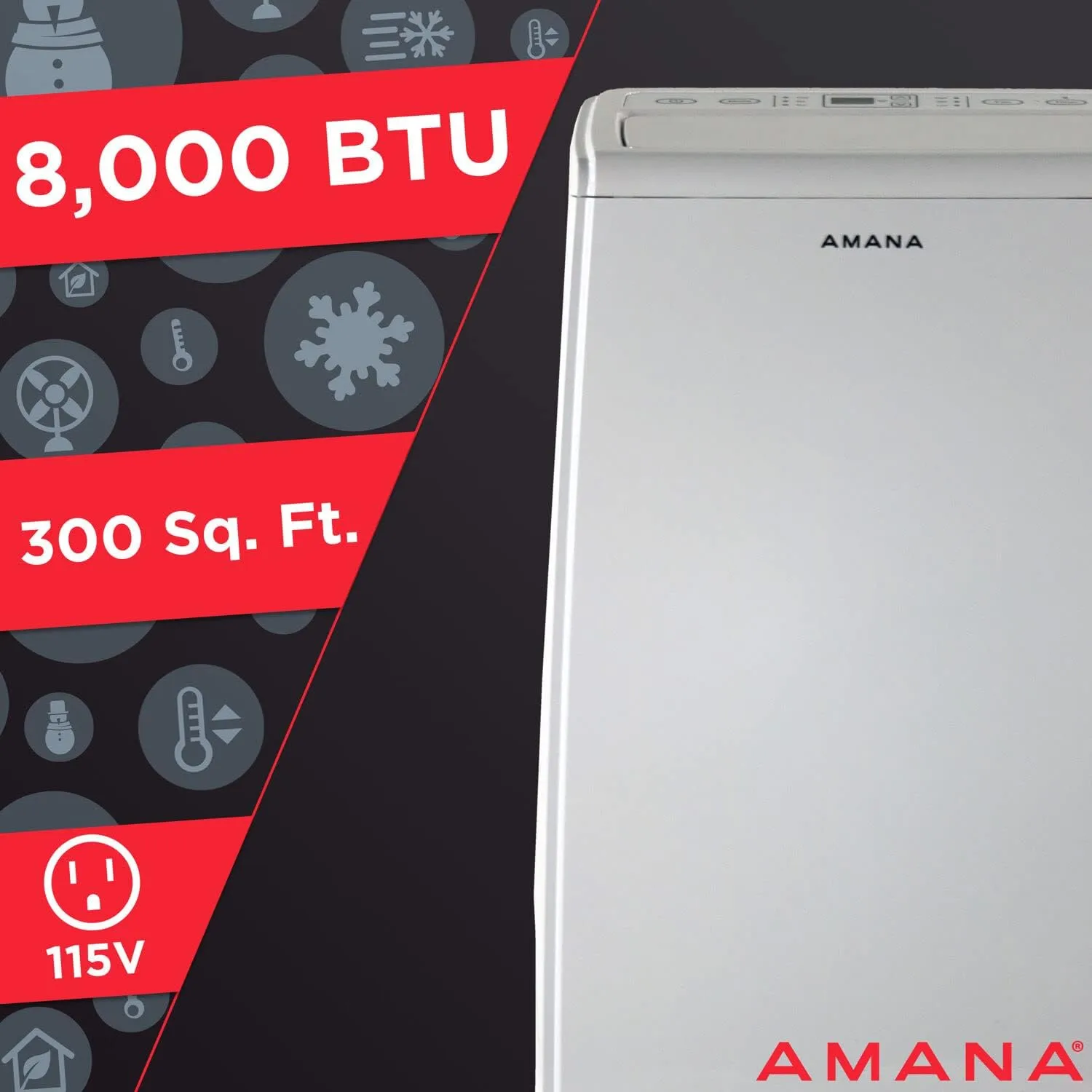 Amana AMAP084AW AC 8,000 BTU Portable Air Conditioner, for Rooms up to 300 Sq. Ft, with Dehumidifer, Fan Mode, Digital Controls, Remote, Wheels, 24H Timer, and Washable Filter, White