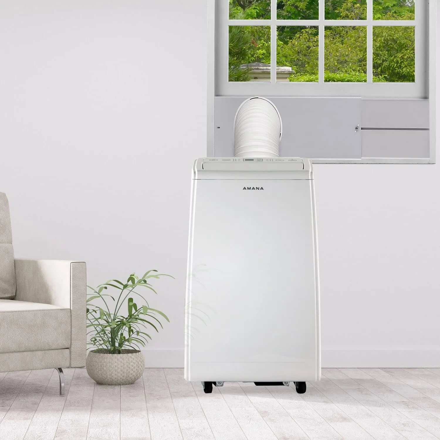 Amana AMAP084AW AC 8,000 BTU Portable Air Conditioner, for Rooms up to 300 Sq. Ft, with Dehumidifer, Fan Mode, Digital Controls, Remote, Wheels, 24H Timer, and Washable Filter, White